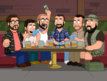 Load image into Gallery viewer, A Family Guy custom portrait featuring six animated characters gathered around a bar table at The Drunken Clam. They are engaged in a lively card game, with one person excitedly holding up a winning card. Each character has a unique style, ranging from casual to military-inspired outfits. Beer mugs filled with frothy drinks sit on the table, enhancing the fun atmosphere. The background features the classic pub setting with brick walls and green cushioned booths, staying true to the Family Guy cartoon style.