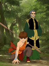 Load image into Gallery viewer, Custom Avatar The Last Airbender portrait of a young warrior with brown hair, wearing an orange and brown outfit, crouched with a wooden staff and ready to fight, alongside an elder sage dressed in a green and black robe, standing confidently in a lush forest background
