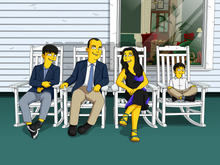 Load image into Gallery viewer, A Simpsons custom portrait of a family sitting on white rocking chairs on a porch, dressed in formal attire, with a cozy living room visible through the window.