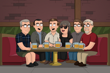Load image into Gallery viewer, A Family Guy custom portrait featuring six friends sitting together in a cozy booth at a bar, resembling The Drunken Clam. They are dressed in casual and semi-formal outfits, each holding a frothy beer mug. The background showcases a classic pub setting with brick walls, wooden panels, and green cushioned seating, capturing the fun and animated essence of the Family Guy cartoon style.