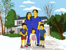 Load image into Gallery viewer,  A digitally illustrated family portrait in the style of The Simpsons. The family consists of two parents wearing blue scrubs and three children standing in front of a suburban house with a snowy landscape. The characters have yellow skin and exaggerated cartoon features, resembling the signature look of The Simpsons. The background includes trees, a driveway, and a partly cloudy sky.
