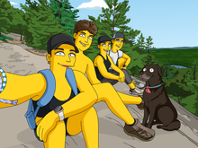 Load image into Gallery viewer, A cartoon-style digital illustration in the style of The Simpsons depicts four friends and a black dog with a red bandana sitting on a rocky hilltop, surrounded by lush green trees and a scenic forest landscape with a small lake in the distance. The characters have yellow skin and exaggerated facial expressions typical of The Simpsons animation style. One of them, wearing a black cap and backpack, is taking a selfie, while the others sit behind, smiling. The dog has wide, curious eyes. The group appears to