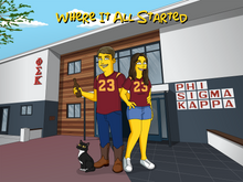 Load image into Gallery viewer, A cartoon-style illustration of a couple standing in front of a Phi Sigma Kappa fraternity house, both wearing matching maroon jerseys with the number 23. The man is holding a bottle and wearing cowboy boots, while a black and white cat sits nearby. The phrase “Where It All Started” is written at the top of the image.