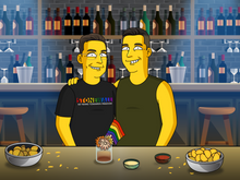 Load image into Gallery viewer, A Simpsons custom portrait of two friends at a bar, one in a Stonewall pride shirt, with bottles in the background and snacks on the counter.