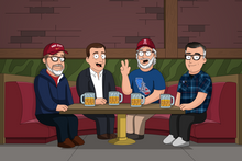 Load image into Gallery viewer, A Family Guy custom portrait of four men sitting in a booth at a bar, resembling The Drunken Clam setting, enjoying beers and chatting in a cartoon style similar to the show.