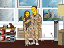 Load image into Gallery viewer, A cartoon-style illustration of a couple in matching patterned tracksuits, standing in a modern apartment with large windows showing a city skyline. The woman is holding a gray tabby cat, while the man is holding a small brown dog. The room has a bookshelf filled with books, a framed picture, and a wooden sculpture, along with a floor lamp and an air purifier.