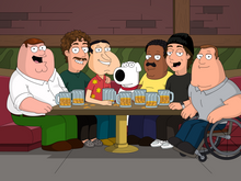 Load image into Gallery viewer, A Family Guy custom portrait featuring Peter Griffin, Brian, Quagmire, Cleveland, Joe, and a few other characters gathered at The Drunken Clam. They are seated around a wooden bar table filled with frothy beer mugs, sharing a lively moment. The classic Family Guy cartoon style is evident, with exaggerated facial expressions and bold outlines. The pub’s signature brick walls and green cushioned booths create an authentic setting, making it a perfect tribute to the beloved animated series.