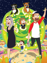 Load image into Gallery viewer, rick and morty family portrait with couple holding portal guns along with the kids and dogs, all coming out of the portal.