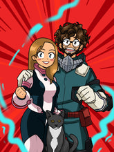 Load image into Gallery viewer, The perfect my hero academia family portrait of a couple and their cat in a red background and blue lightning.