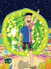 Load image into Gallery viewer, rick and morty portrait of a man wearing a cap, holding a portal gun, coming out of the portal and a Mr. meeseeks box lying on the ground.