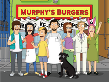 Load image into Gallery viewer, bob's burgers family portrait of 7 family members and a dog, humans dressed as characters from the show with Murphy's Burgers written on the board.