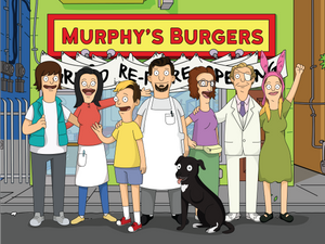 bob's burgers family portrait of 7 family members and a dog, humans dressed as characters from the show with Murphy's Burgers written on the board.
