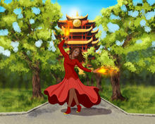 Load image into Gallery viewer, A woman wearing a red dress, standing in a beautiful pose, bending fire in front of the fire nation building in this Avatar portrait.