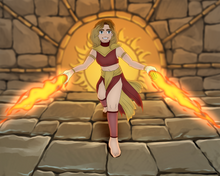 Load image into Gallery viewer, Avatar style picture of a woman with blonde hair and brown roots, dressed as a firebender, posing with one leg forward and other leg backward.