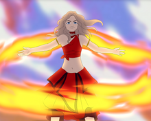 Load image into Gallery viewer, Customized Avatar portrait of a blonde woman with blue eyes bending fire, standing inside a ring of fire.