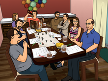 Load image into Gallery viewer, Personalised archer portrait where a group of people is sitting around a table, wives looking pissed at husbands, drinks and snacks are kept on the table.