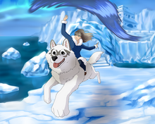 Load image into Gallery viewer, "Custom Avatar The Last Airbender photo" of a blonde woman dressed as a waterbender, sitting on a dog who is drawn as appa with an ice and water background.