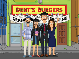 Bobs burgers family picture where parents and kids are standing with arms around each other, daughter and son wearing graduation outfits, Dad wearing a cap and specs  and Mom raising her hand in the air.