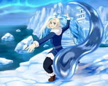 Load image into Gallery viewer, Blonde hair woman posing as a waterbender and standing in front of an ice castle in this 'Avatar The Last Airbender' photo.