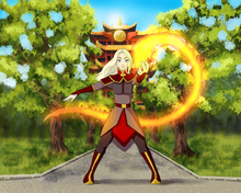 Load image into Gallery viewer, A blonde woman standing outside the fire nation building, bending fire in this Avatar style picture.