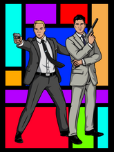 Load image into Gallery viewer, 2 men, standing in front of multicolor tiles, one holding a pistol and a hip flask and another dressed as Archer holding a gun.
