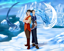 Load image into Gallery viewer, 2 people dressed as Aang and Sokka, both smiling with ice and water background in this "Avatar The Last Airbender style portrait".
