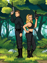 Load image into Gallery viewer, Custom Archer Portrait of a  blonde woman wearing a crop top, holding a pistol and a man with brown hair, also holding a pistol and facing the other side in a forest.