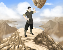 Load image into Gallery viewer, A man drawn as an earthbender showing off his bicep and standing on top of a hill in this Avatar style portrait.