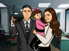 Load image into Gallery viewer, Couple dressed as Archer and Lana, man holding a pistol and woman holding a baby who is wearing a pink dress with a pink hair bow in this Archer family portrait.