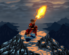 Load image into Gallery viewer, Avatar style custom art of a man dressed as a firebender, kneeling down in a battle pose on the top of a mountain.