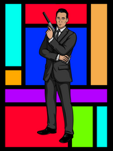 Load image into Gallery viewer, Personalised Archer portrait of a man dressed as Archer, holding a pistol and standing in front of multicolor tiles.