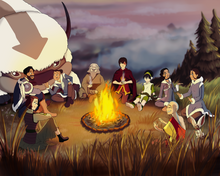Load image into Gallery viewer, Custom Avatar drawing of a group of people sitting around as bonfire dressed as different kinds of element benders with Appa in the background.