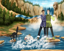 Load image into Gallery viewer, Custom Avatar family portrait of 2 men dressed as water and earth benders standing in the middle of a river, with a dog and a cat with them.