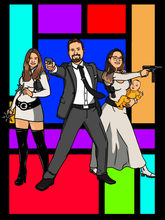 Load image into Gallery viewer, Archer style portrait of a man dressed as archer, holding a gun, woman holding a baby in one hand and a pistol in another and a girl dressed as Lana, with color tiles in the background.