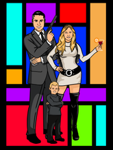 Load image into Gallery viewer, Man as Archer with pistol in his hand and blonde woman as Lana, holding a glass of margarita, and kid standing in the centre with a multicolor tiles background.