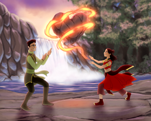 Load image into Gallery viewer, A man and a woman, dressed as earth and fire benders respectively, making a heart with their powers in an Avatar couple portrait.