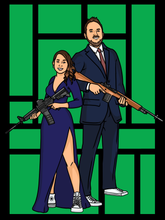 Load image into Gallery viewer, A woman wearing a thigh high slit dress, holding an M16 semiautomatic rifle and a man wearing blue suit holding an M4 rifle in this Archer Couples portrait