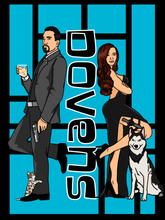 Load image into Gallery viewer, Archer style portrait, man dressed as Archer with a kitten wrapped around his legs, a redhead woman in a black high slit dress, with a knife holster on her thighs, and a dog sitting besides her.