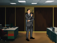 Load image into Gallery viewer, Man drawn as Archer, standing in the intelligence agency, holding a pistol in his hand in an Archer style custom picture.