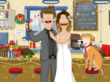 Load image into Gallery viewer, Man and Woman drawn in their wedding outfits, man holding a knife and a dog sitting on the stool wearing a red tie in this bobs burger style portrait.