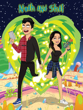 Load image into Gallery viewer, Custom Rick and Morty portrait of a couple holding hands as they are running out of a heart-shaped portal with smiling faces and different types of guns in their hands.