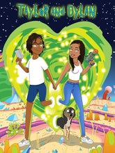Load image into Gallery viewer, Two people, both having dreadlocks, jumping out of a portal with guns, wearing matching outfits, looking at each other along with a dog jumping between them in this Rick and Morty artwork.
