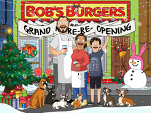 Load image into Gallery viewer, bobs burgers family photo with couple dressed as Bob and Linda holding glasses of wine, kid standing beside them with his hands up in the air, pet dogs sitting on the ground.
