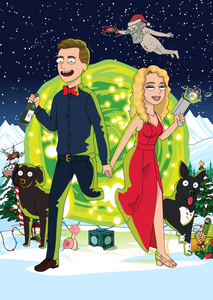 A blonde woman, wearing a red dress holding hands with a man who is wearing a blue shirt with a red bow tie and christmas decoration around the portal in this rick and morty personalised art.