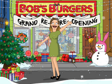 Load image into Gallery viewer, Personalised bobs burger picture of a woman drawn as Louise from the show and christmas decorations outside the restaurant.
