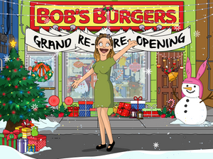 Personalised bobs burger picture of a woman drawn as Louise from the show and christmas decorations outside the restaurant.
