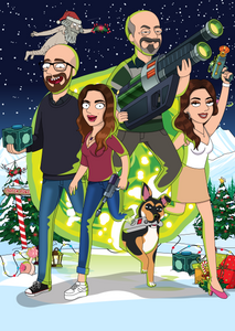 4 humans and a pet stepping out of the portal, holding guns in their hands in a beautiful christmas setting in this Rick and Morty drawing.