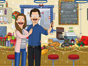 Bobs burgers family picture with man wearing glasses, holding a knife, woman wearing silver hoops and cats sitting on the counter with christmas decorations inside the restaurant. 