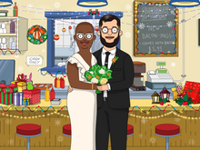 Load image into Gallery viewer, Bob&#39;s Burger style portrait of a Couple in their wedding outfits, holding a bouquet and Christmas decorations inside the restaurant.
