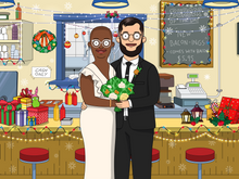 Load image into Gallery viewer, Bob's Burger style portrait of a Couple in their wedding outfits, holding a bouquet and Christmas decorations inside the restaurant.